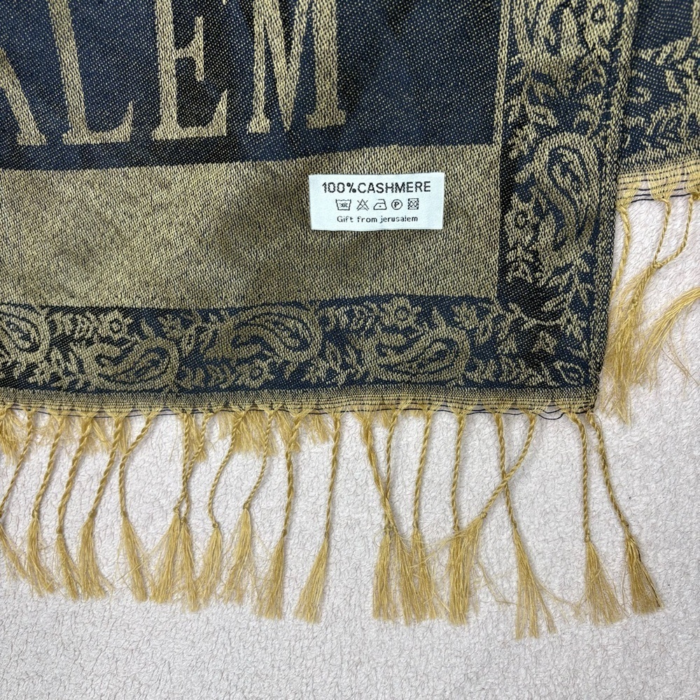 Cashmere Jerusalem Fringe Women’s Scarf Dark Gray & Tan 68” x 26” Shawl 100% EUC - Picture 5 of 5